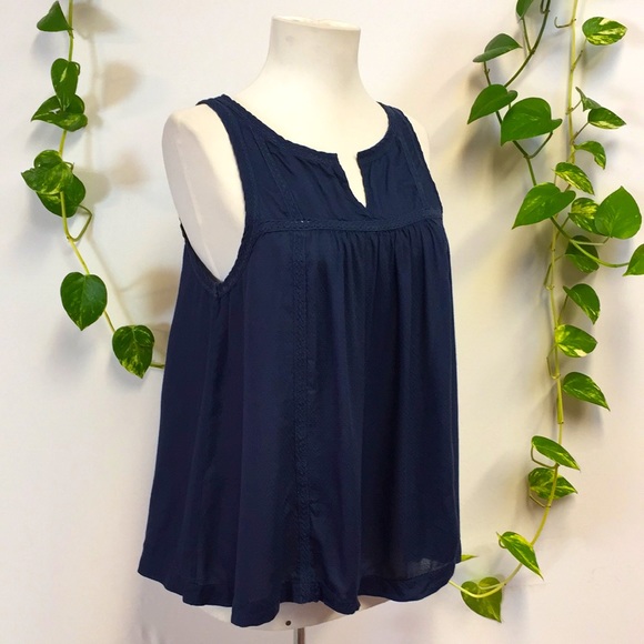 Lucky Brand Navy Blue Sleeveless Swing Top Blouse Boho Tunic Peasant Crochet - Picture 2 of 6